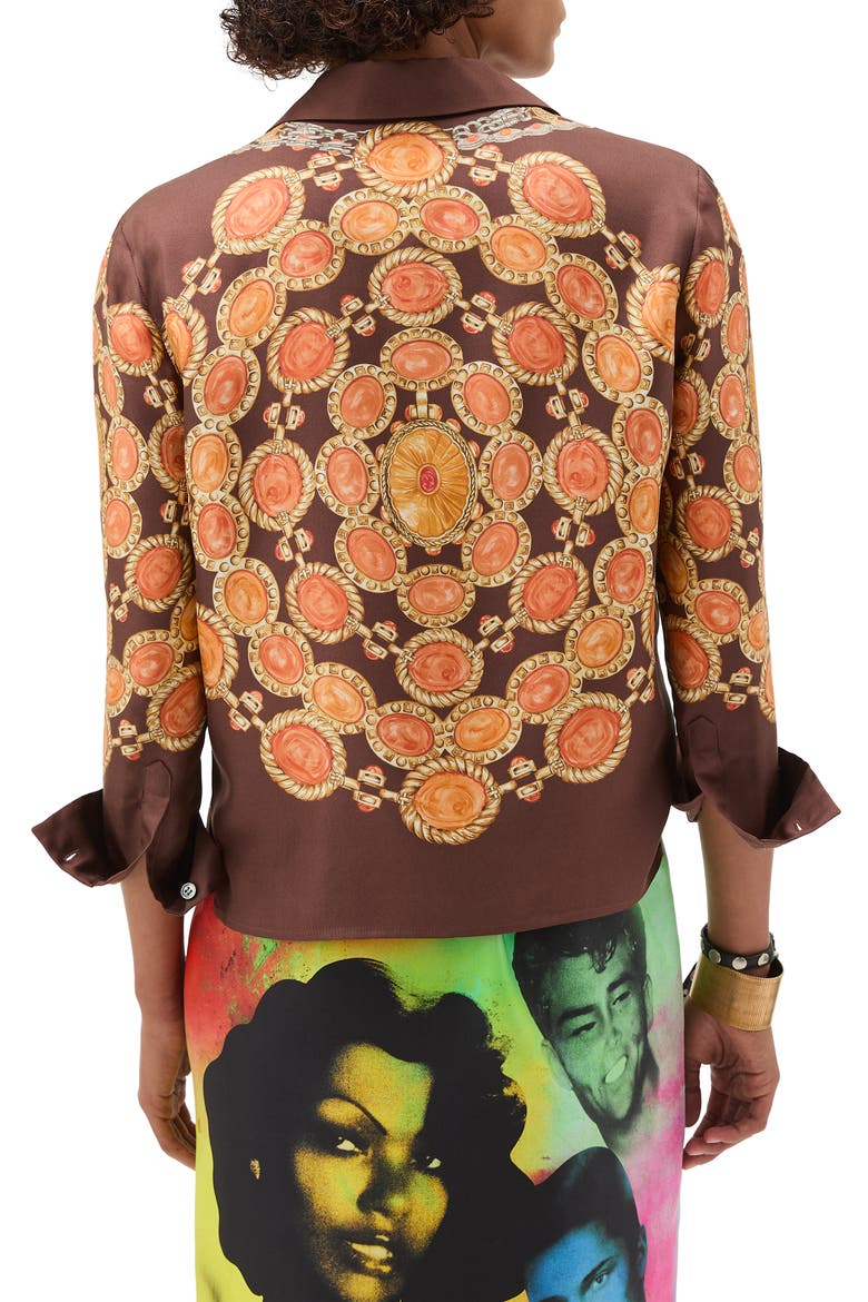 The Lover Trompe l'Oeil Print Silk Twill Bowling Shirt, Alternate, color, CHOCOLATE AMBER
