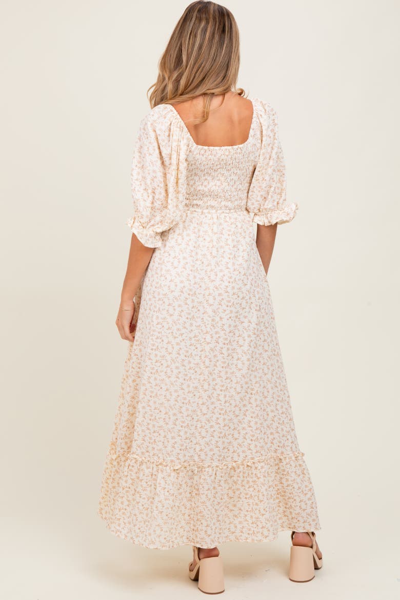 Floral Print Square Neckline Maxi Dress, Alternate, color, Beige