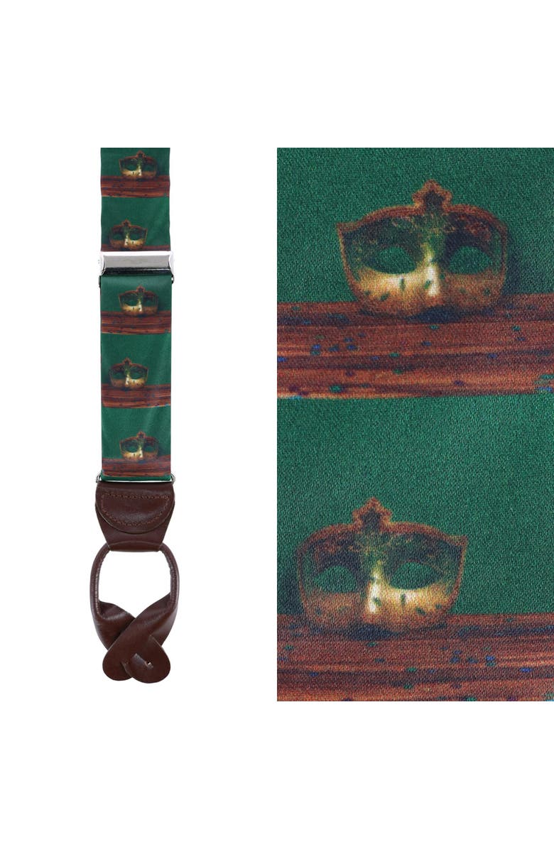 Trafalgar Secret Identity Mardi Gras Mask Silk Button End Suspenders, Main, color, Green
