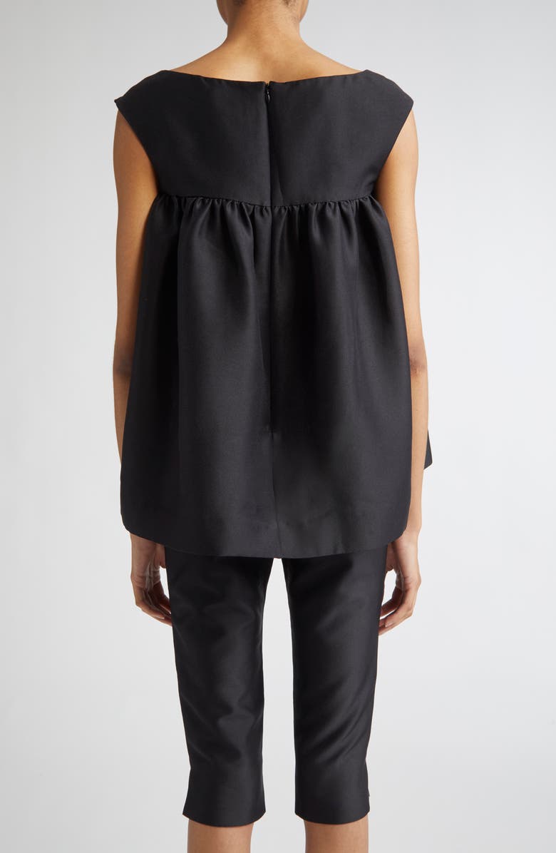 Shushu/Tong Fluffy Notched Floral Appliqué Satin Babydoll Top, Alternate, color, Black
