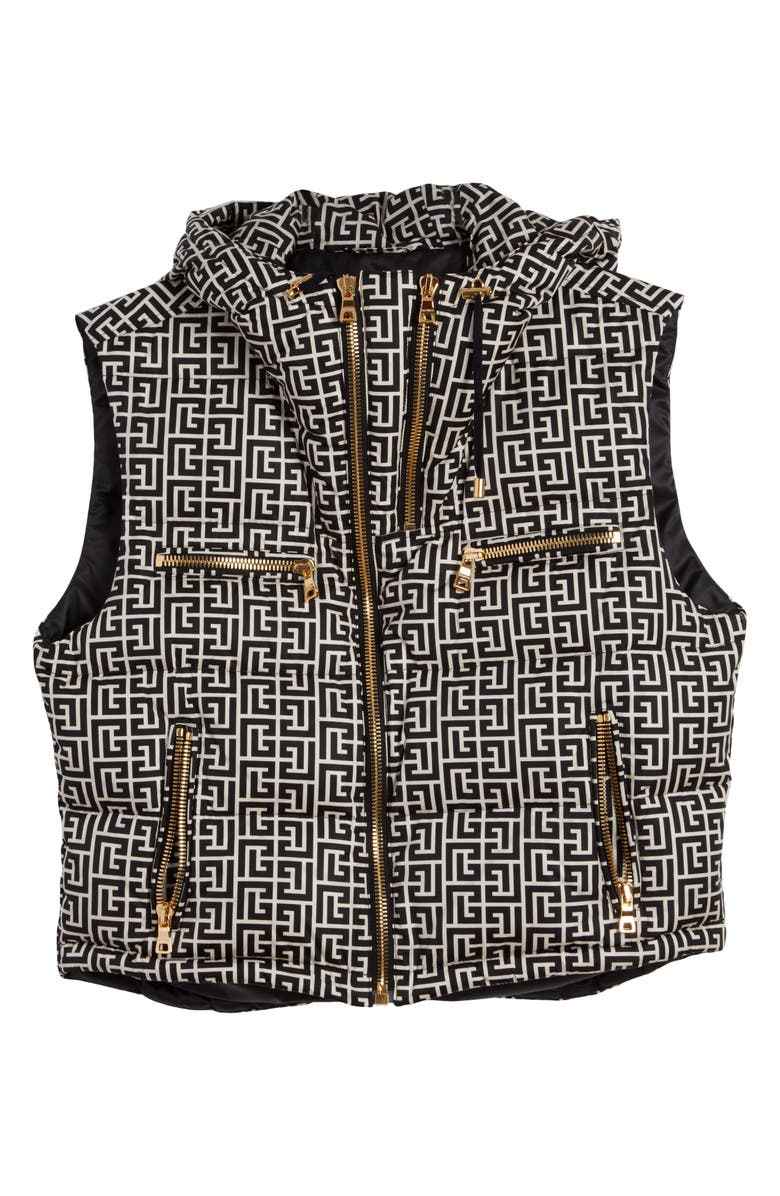 Balmain Logo Monogram Quilted Puffer Vest, Alternate, color, 