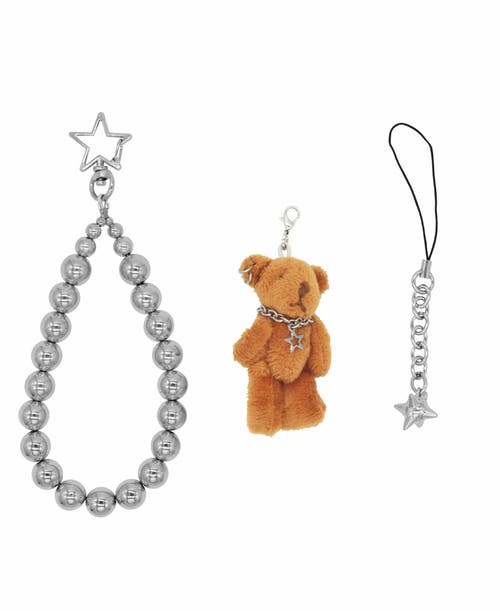 Velvet Luna Beaded Teddy Bear Phone Strap In Silver