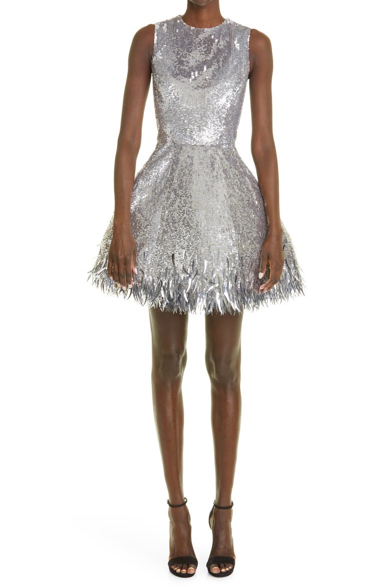 Sequin & Fringe Skater Dress, Main, color, SILVER