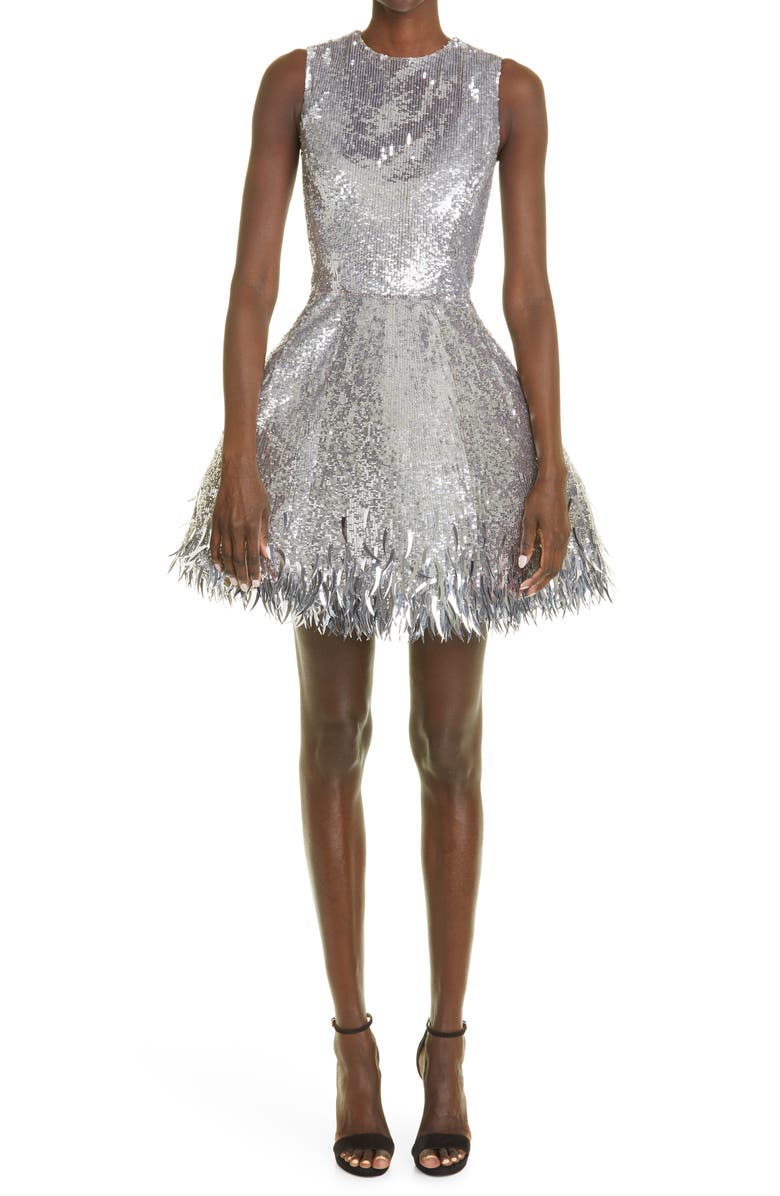 Oscar de la Renta Sequin & Fringe Skater Dress, Main, color,