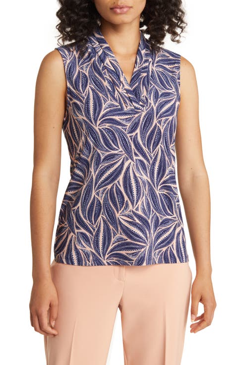 Leaf Print Triple Pleat Sleeveless Top