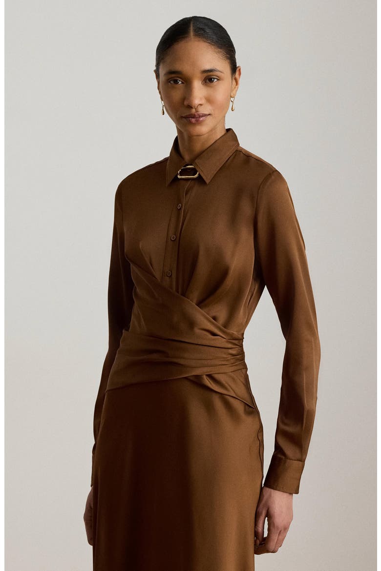 Featherweight Satin Charmeuse Shirtdress Gown, Alternate, color, LIGHT TOBACCO BROWN