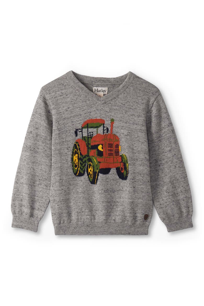 Tractor V-Neck Cotton Intarsia Sweater, Main, color, GREY SPECKLE MELANGE