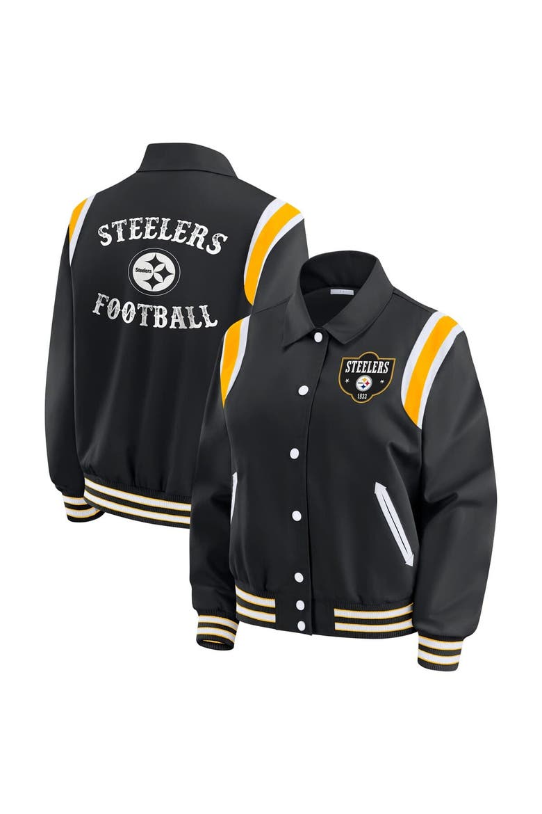 Women's WEAR by Erin Andrews Black Pittsburgh Steelers Varsity Lightweight Full-Snap Jacket, Main, color, Black