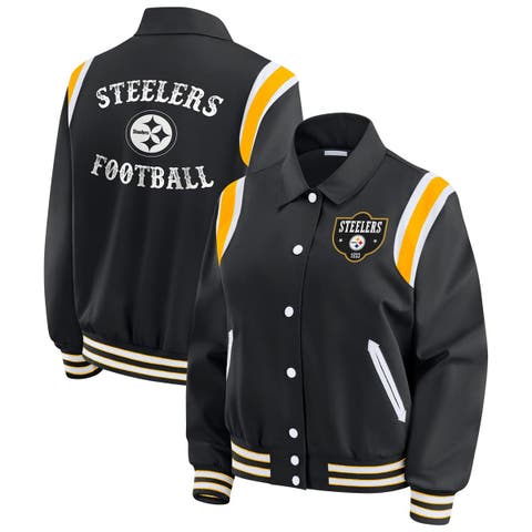 Women's WEAR by Erin Andrews Black Pittsburgh Steelers Varsity Lightweight Full-Snap Jacket