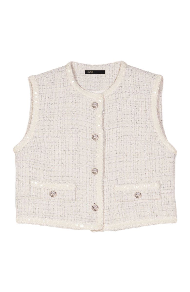 maje Sequin sleeveless tweed jacket, Alternate, color, Ecru