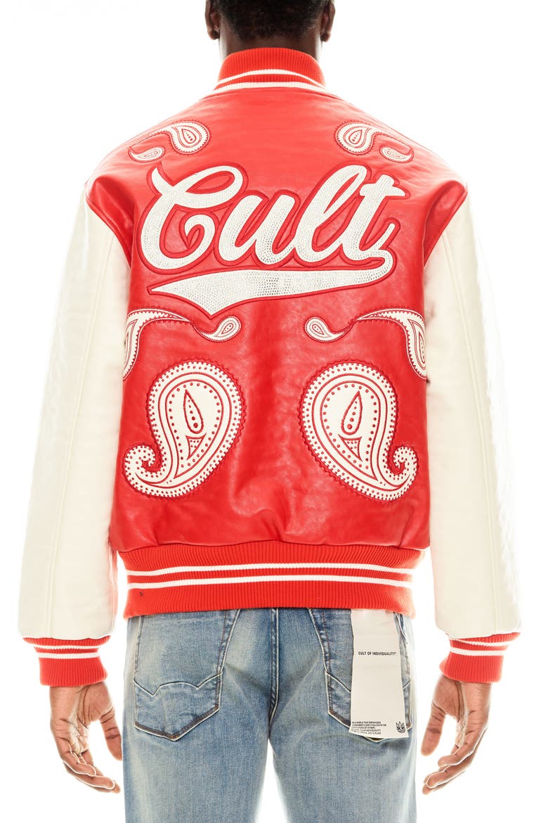 Paisley Appliqué Varsity Jacket, Alternate, color, RED