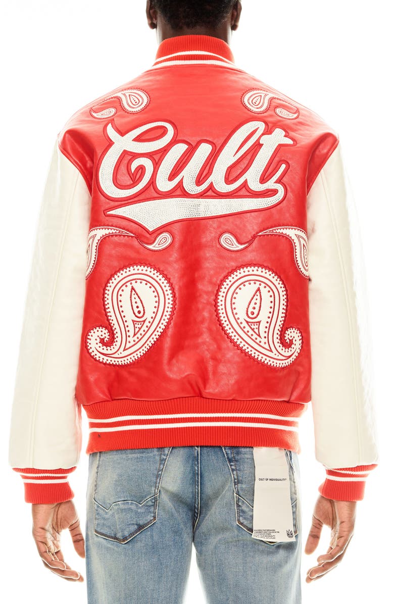 Cult of Individuality Paisley Appliqué Varsity Jacket, Alternate, color, Red