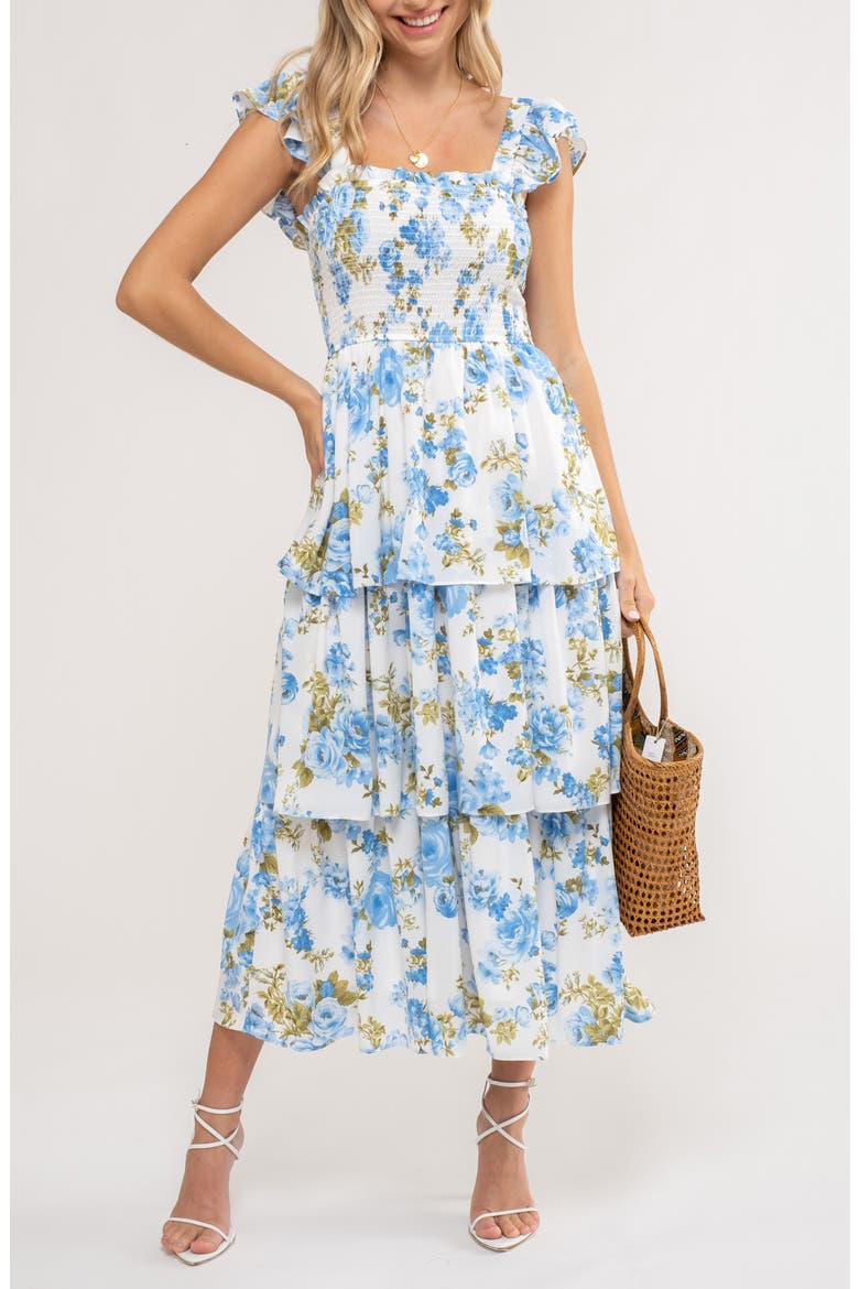Floral Tiered Midi Dress, Alternate, color, BLUE MULTI