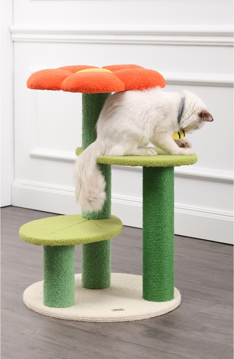 The Licker Store Poppy 29" 3-Tier Modern Jute Flower Cat Tree with Dangling Toy, Alternate, color, Orange/Green