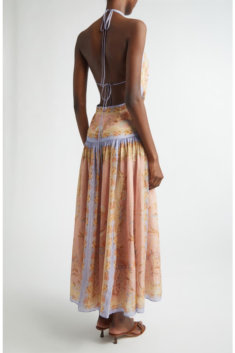 zimmermann silk linen printed fishbone strapless halter dress Zimmermann Luna Metallic Halter Dress in Cream