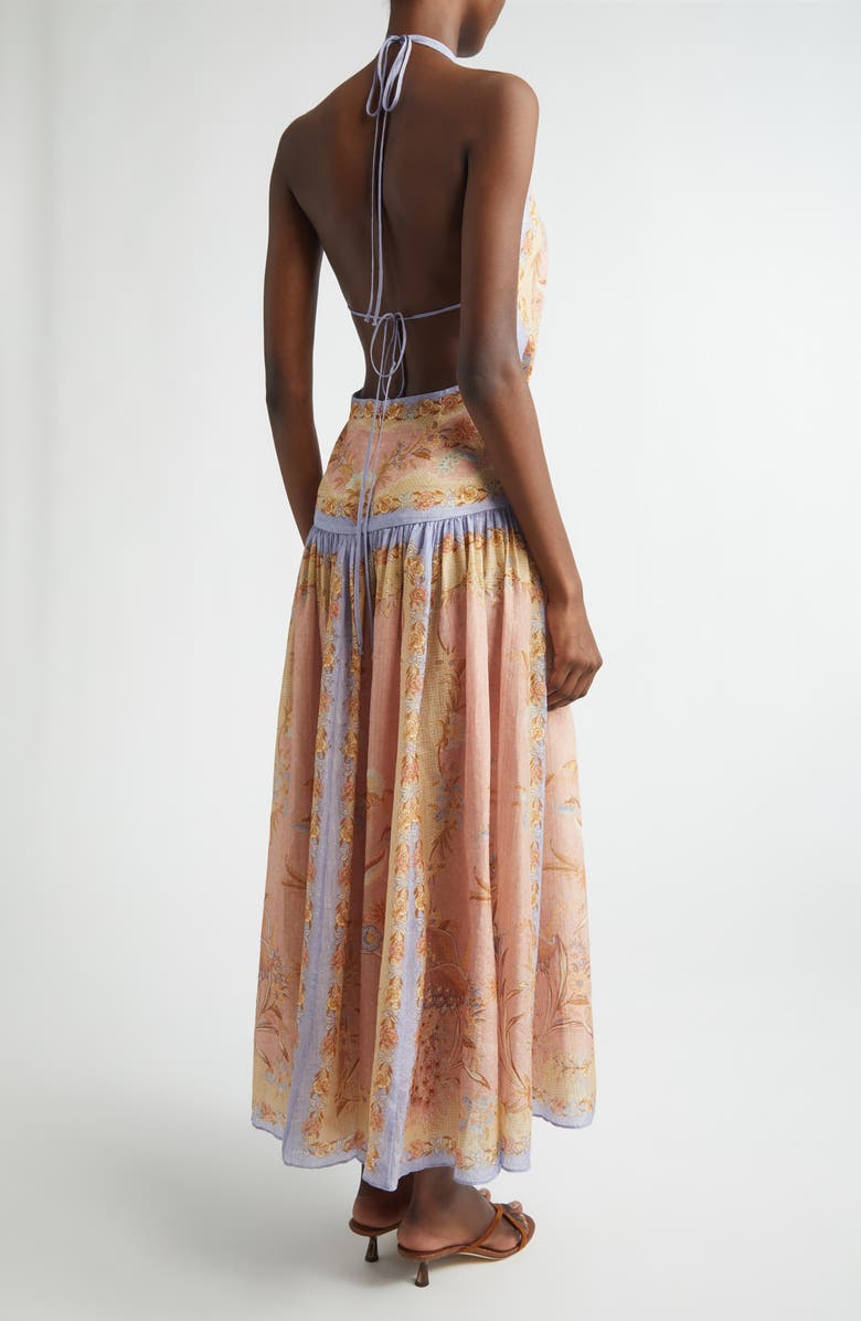 Zimmermann Indra Metallic Stripe Print Silk & Cotton Halter Maxi Dress, Alternate, color, Pink Scarf Floral