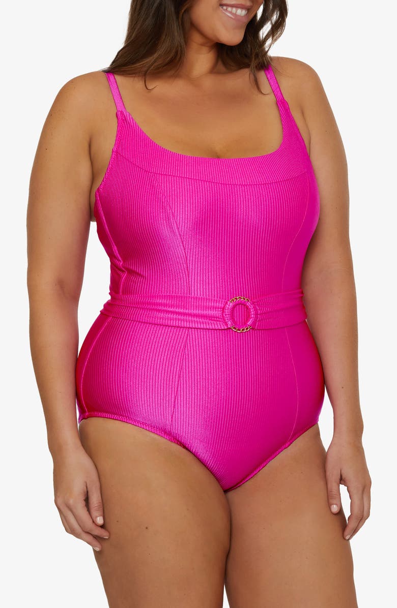 Becca Etc. Monte Carlo Belted Rib One-Piece Swimsuit, Alternate, color, Azalea