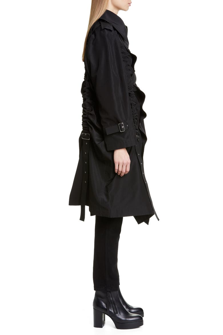 Belt Ruched Double Breasted Cotton & Silk Coat, Alternate, color, BLACK