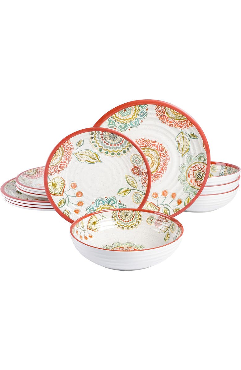 Laurie Gates Brick Floral Ripple 12pc Melamine Dinnerware Set, Main, color, Red