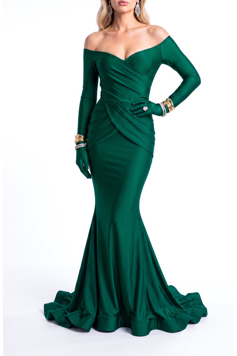 Off-the-Shoulder Draped Long Sleeve Mermaid Evening Gown, Main, color, Forest Green