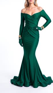 Jessica Angel Off-the-Shoulder Draped Long Sleeve Mermaid Evening Gown