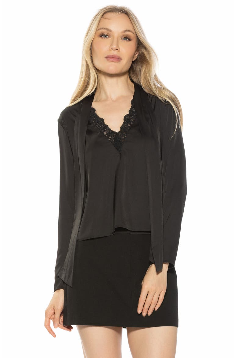 Vienne Lace Trim Tie Neck Blouse, Alternate, color, BLACK