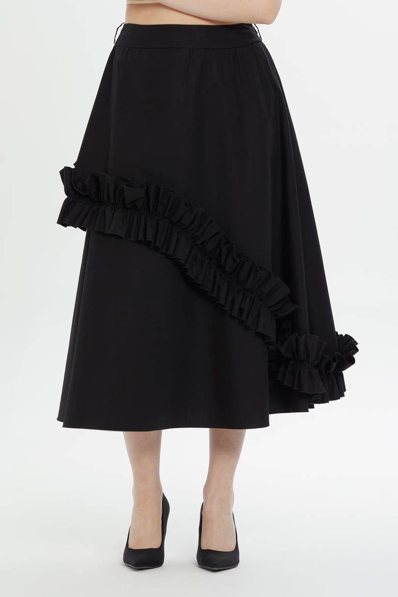 Asymmetric Ruffle Cotton Midi Skirt, Main, color, Black