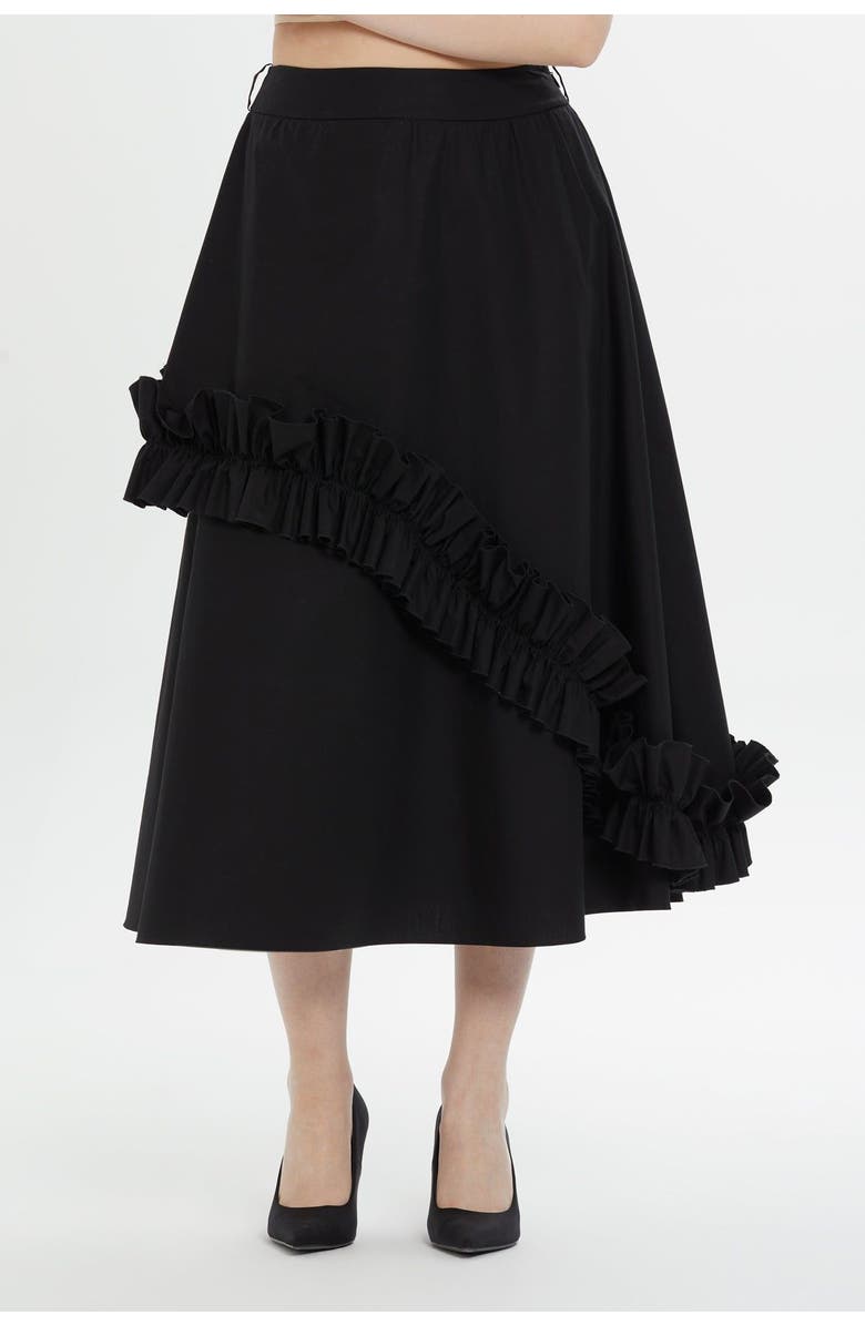 Gizia Asymmetric Ruffle Detail Black Midi Skirt, Main, color, Black