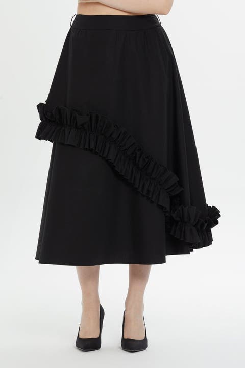 Asymmetric Ruffle Detail Black Midi Skirt