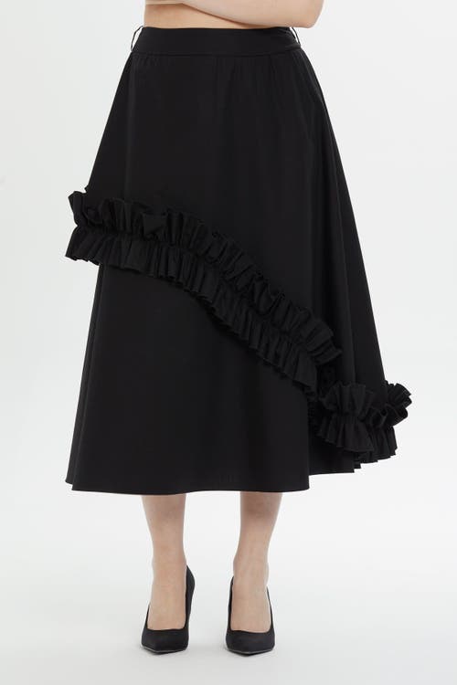 Gizia Asymmetric Ruffle Detail Black Midi Skirt