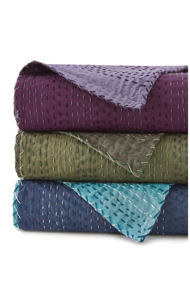 Kantha Reversible Cotton Coverlet, Alternate, color, FOREST AND OLIVE