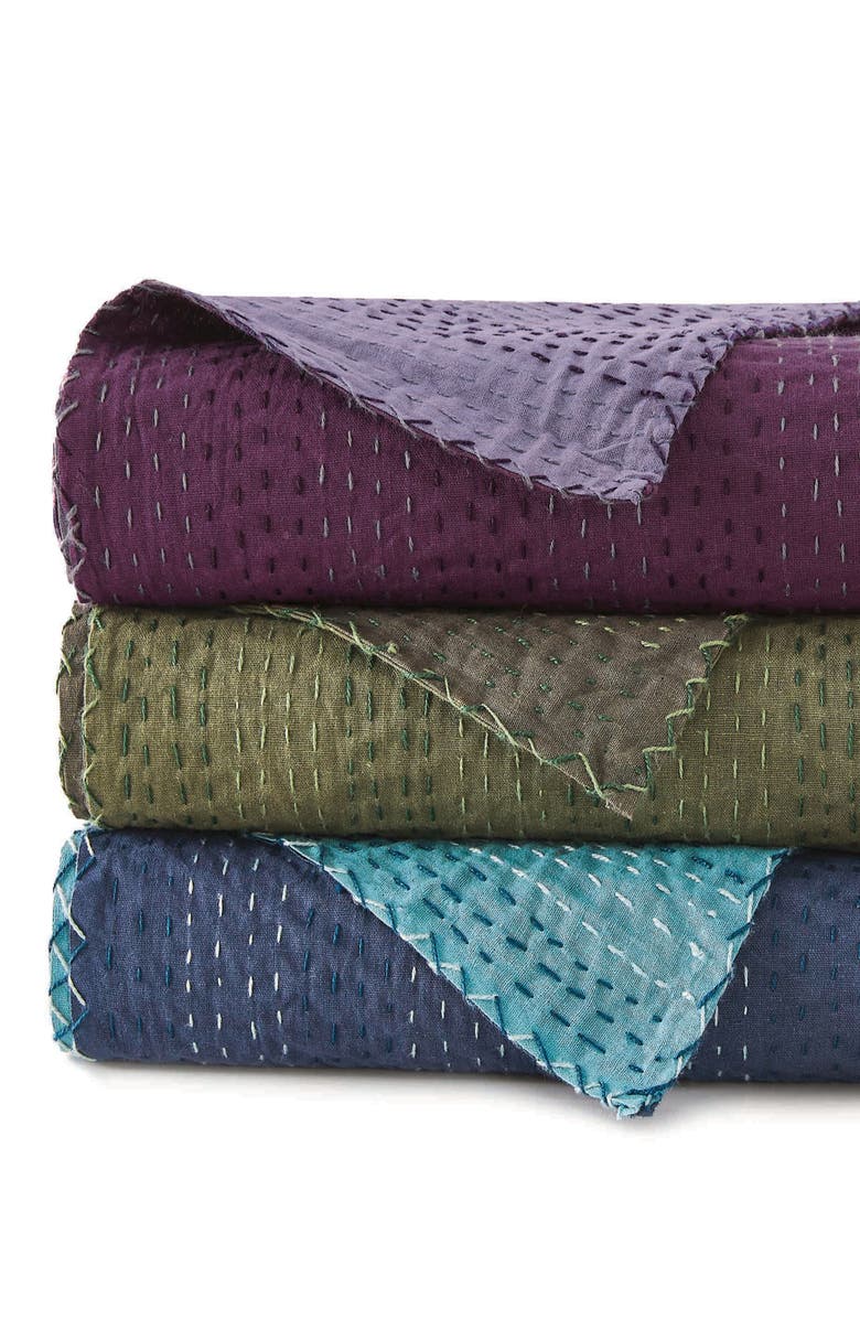 MELANGE HOME Kantha Reversible Cotton Coverlet, Alternate, color, Forest And Olive