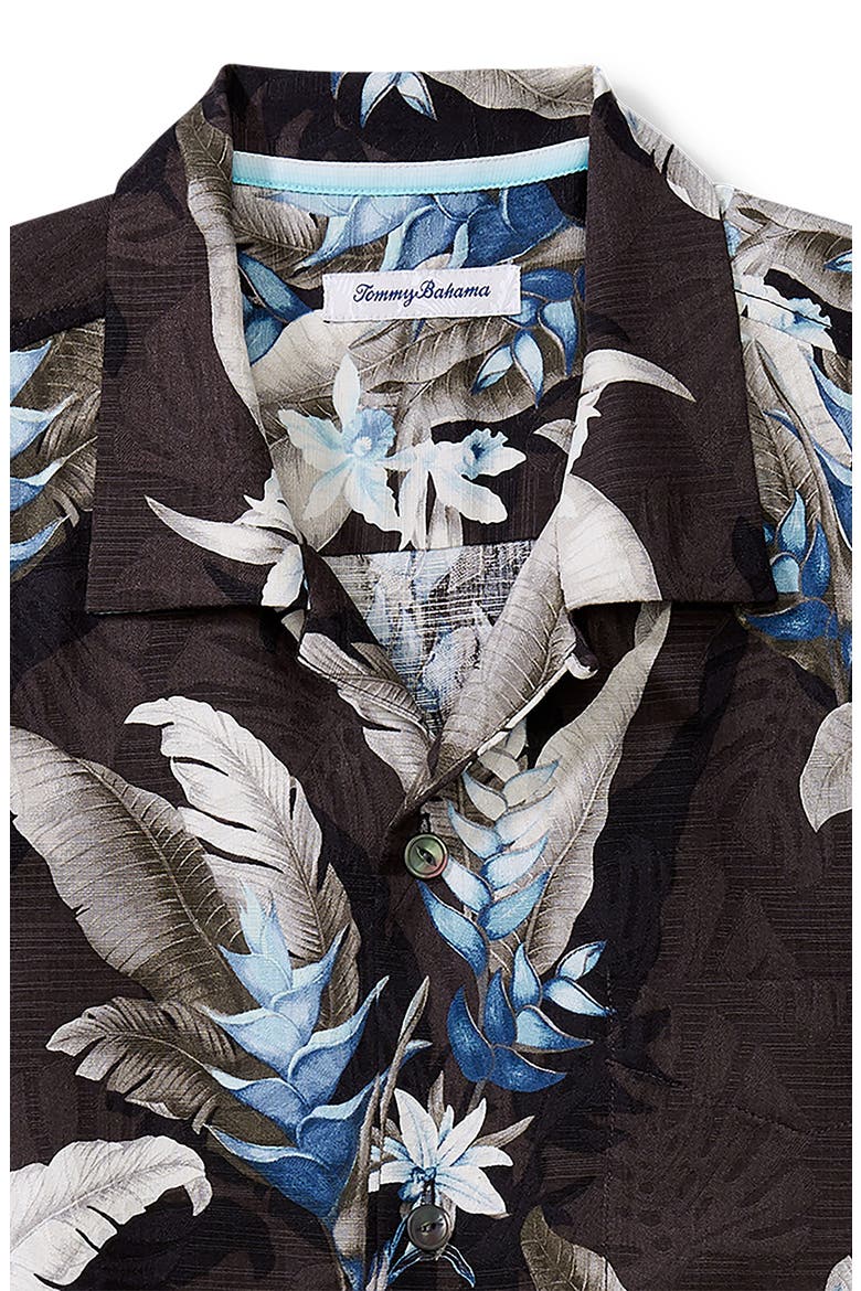 Montego Blooms Tropical Short Sleeve Silk Button-Up Shirt, Alternate, color, BLACK