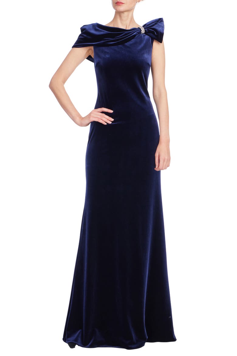 Off-the-Shoulder Stretch Velvet Gown, Main, color, NAVY