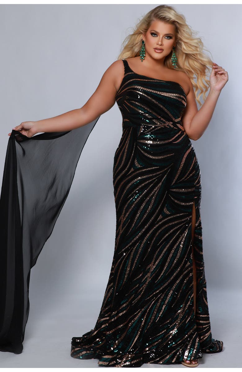 Johnathan Kayne for Sydney's Closet One Shoudler Multi-Dimensional Sequin Plus Size Evening Gown, Main, color, 