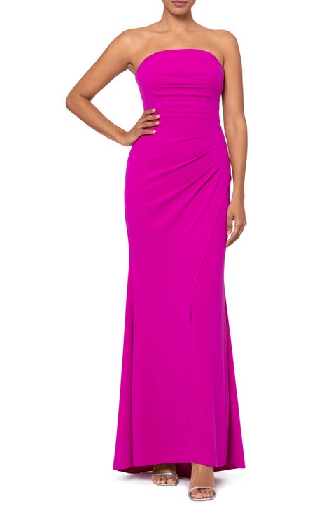 Strapless Side Ruched Scuba Crepe Gown