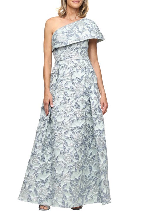 One-Shoulder Floral Print Jacquard Gown