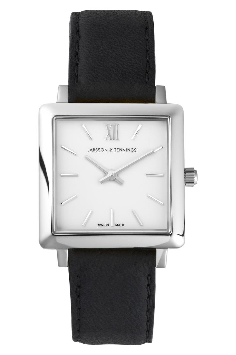 'Norse' Square Leather Strap Watch, 27mm x 34mm, Main, color, BLACK/ WHITE/ SILVER