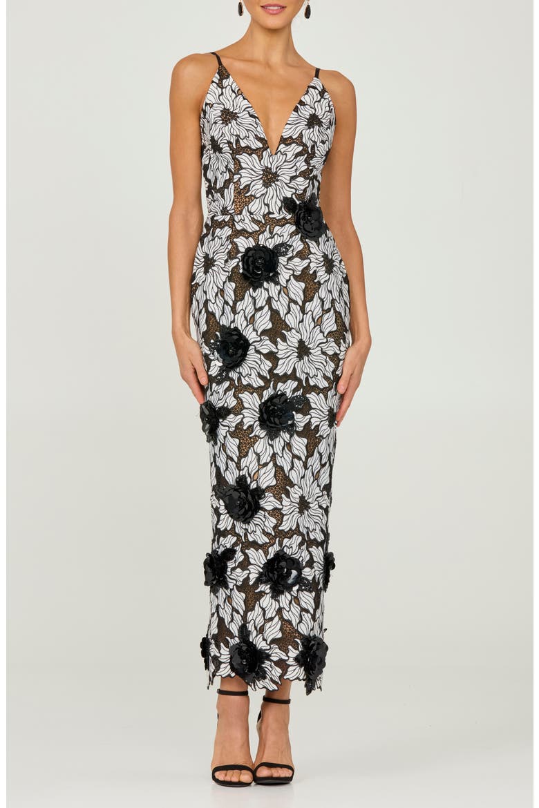 Norah Floral Appliqué Gown, Main, color, BLACK/ WHITE