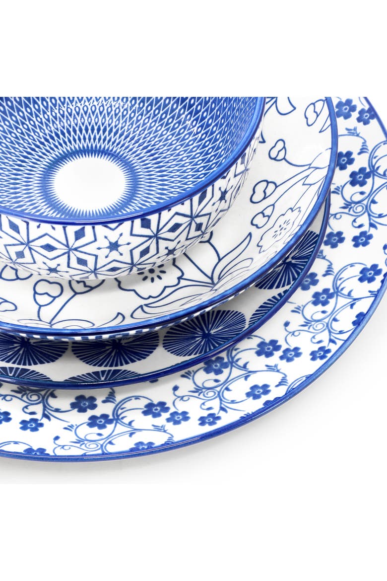 Aurora 16 Piece Porcelain Double Bowl Dinnerware Set, Alternate, color, Blue