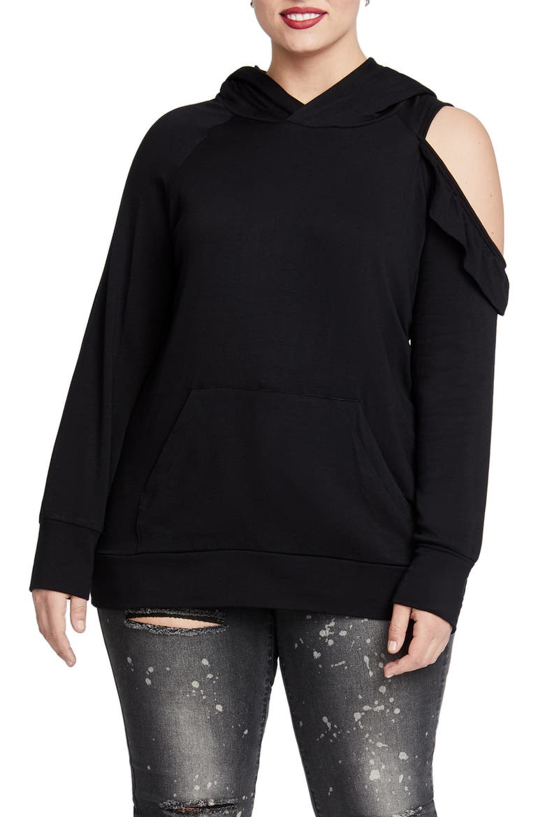 Cold Shoulder Hooded Sweatshirt, Main, color, BLACK