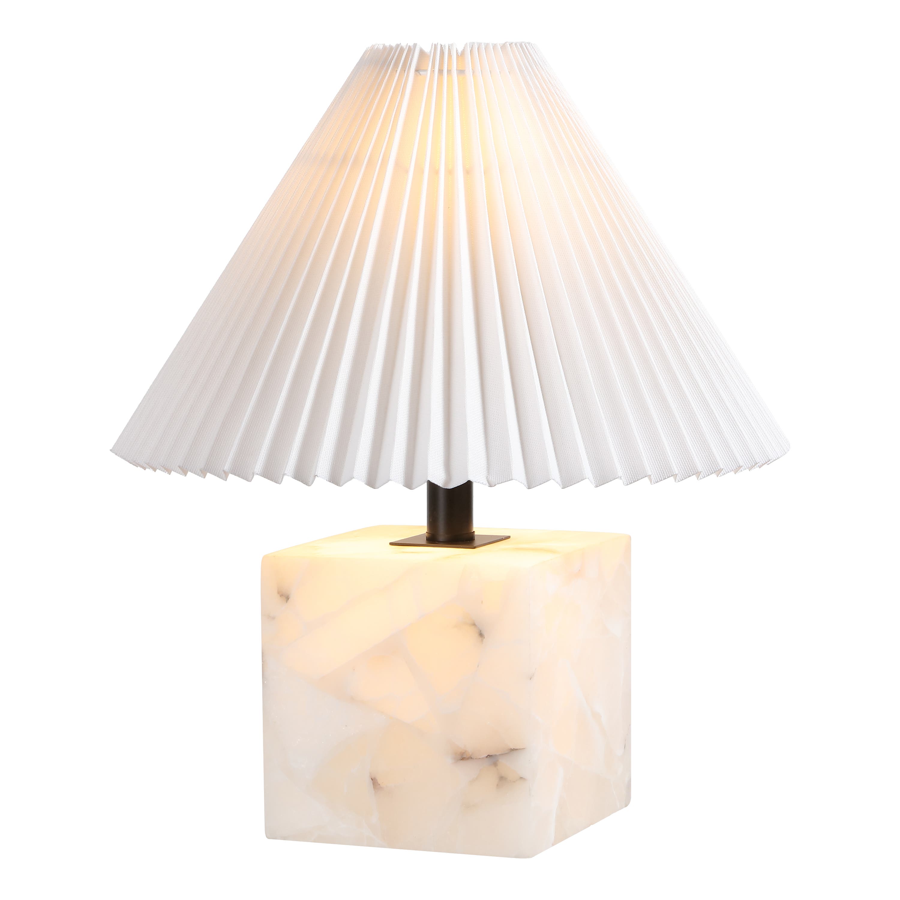 Jonathan Y Hermin Contemporary Minimalist Geometric Sculptural Alabaster Cube Metal Led Table Lamp W In White