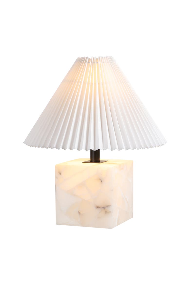 Hermin Contemporary Minimalist Geometric Sculptural Alabaster Cube Metal LED Table Lamp with Nightlight Base and Pleated Shade, Main, color, White