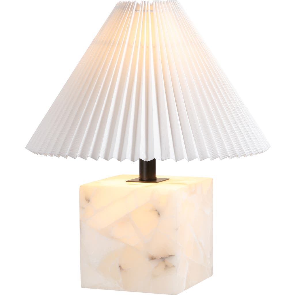 Jonathan Y Hermin Contemporary Minimalist Geometric Sculptural Alabaster Cube Metal Led Table Lamp W In White