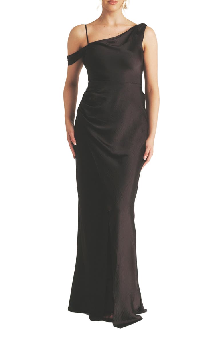 Six Stories Asymmetric Bardot Satin Bridesmaid Dress, Alternate, color, Black