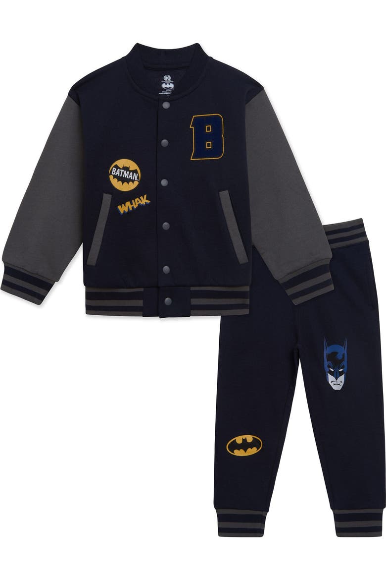 Justice League Fleece Varsity Jacket and Pants Set, Main, color, Navy Grey Batman