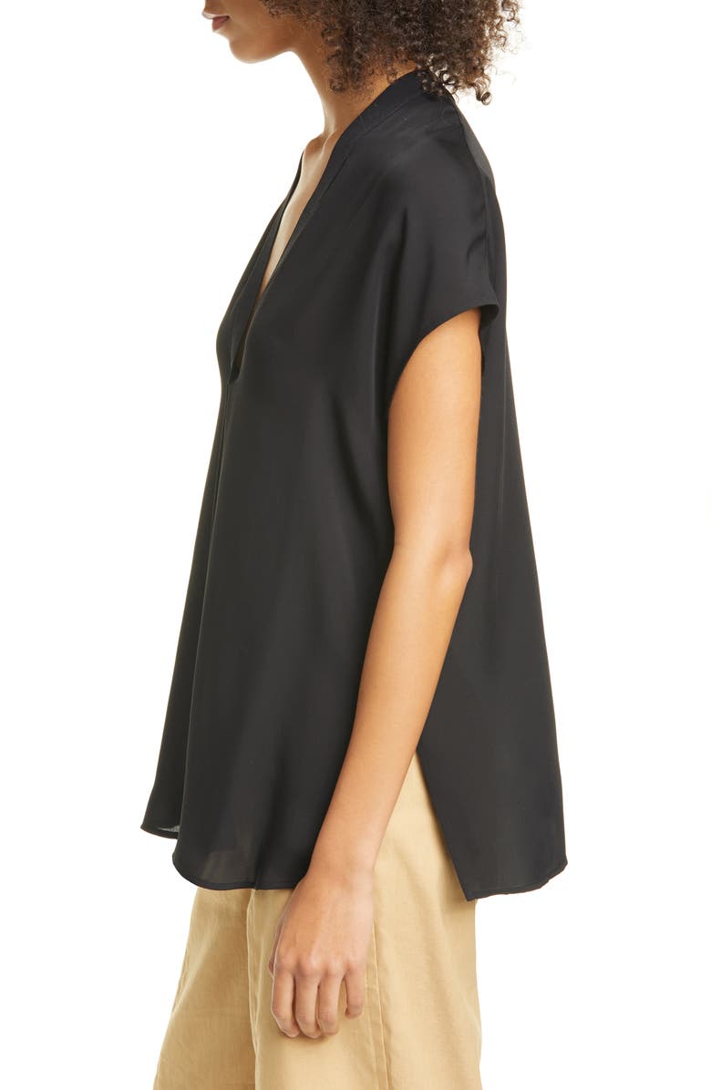 Vince Contrast Trim Short Sleeve Silk Blouse, Alternate, color,
