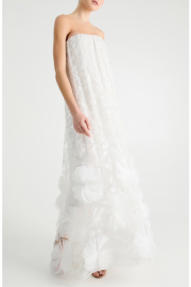 Margot Beaded Floral Appliqué Strapless Gown, Main, color, OFF WHITE