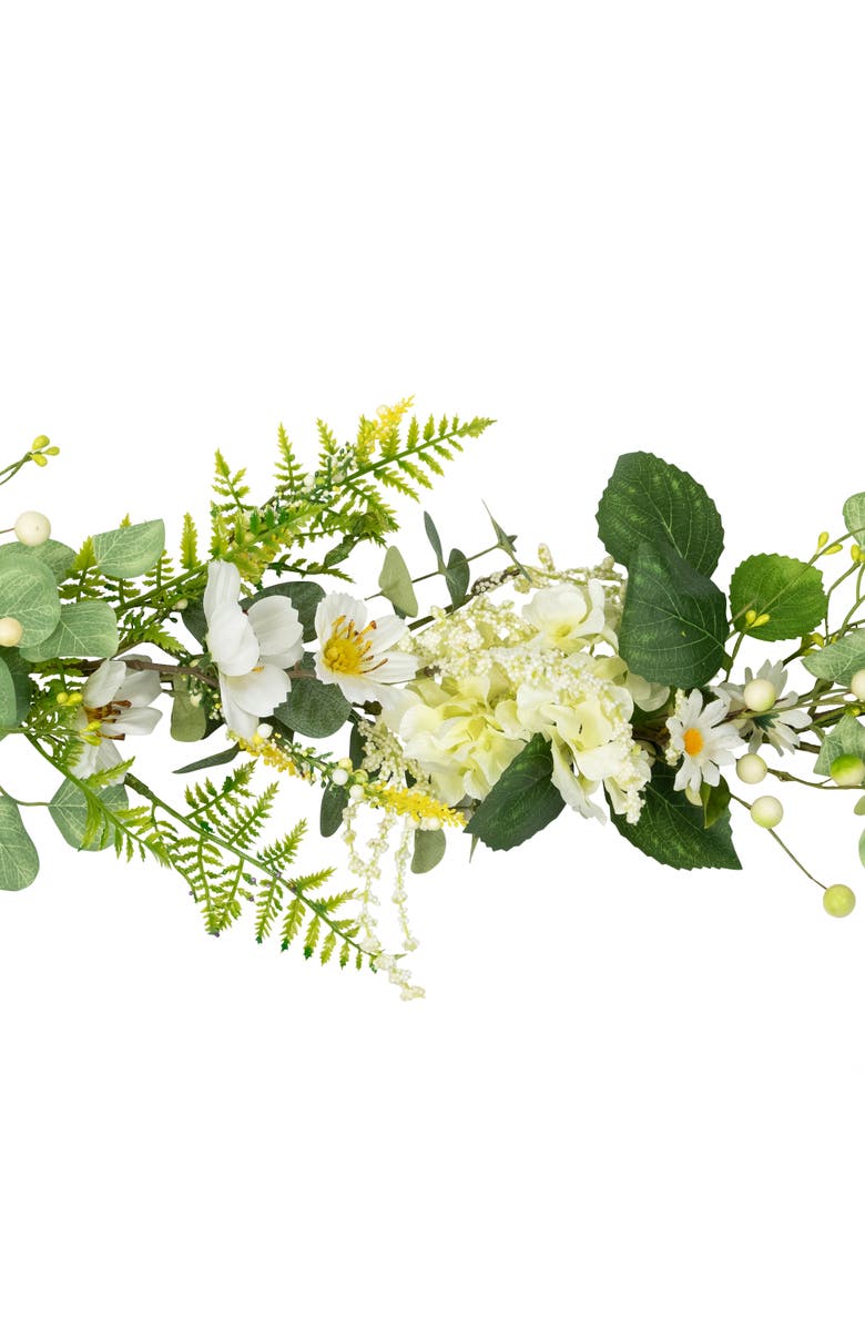 Northlight Hydrangea and Eucalyptus Artificial Floral Spring Garland - 5', Alternate, color, White