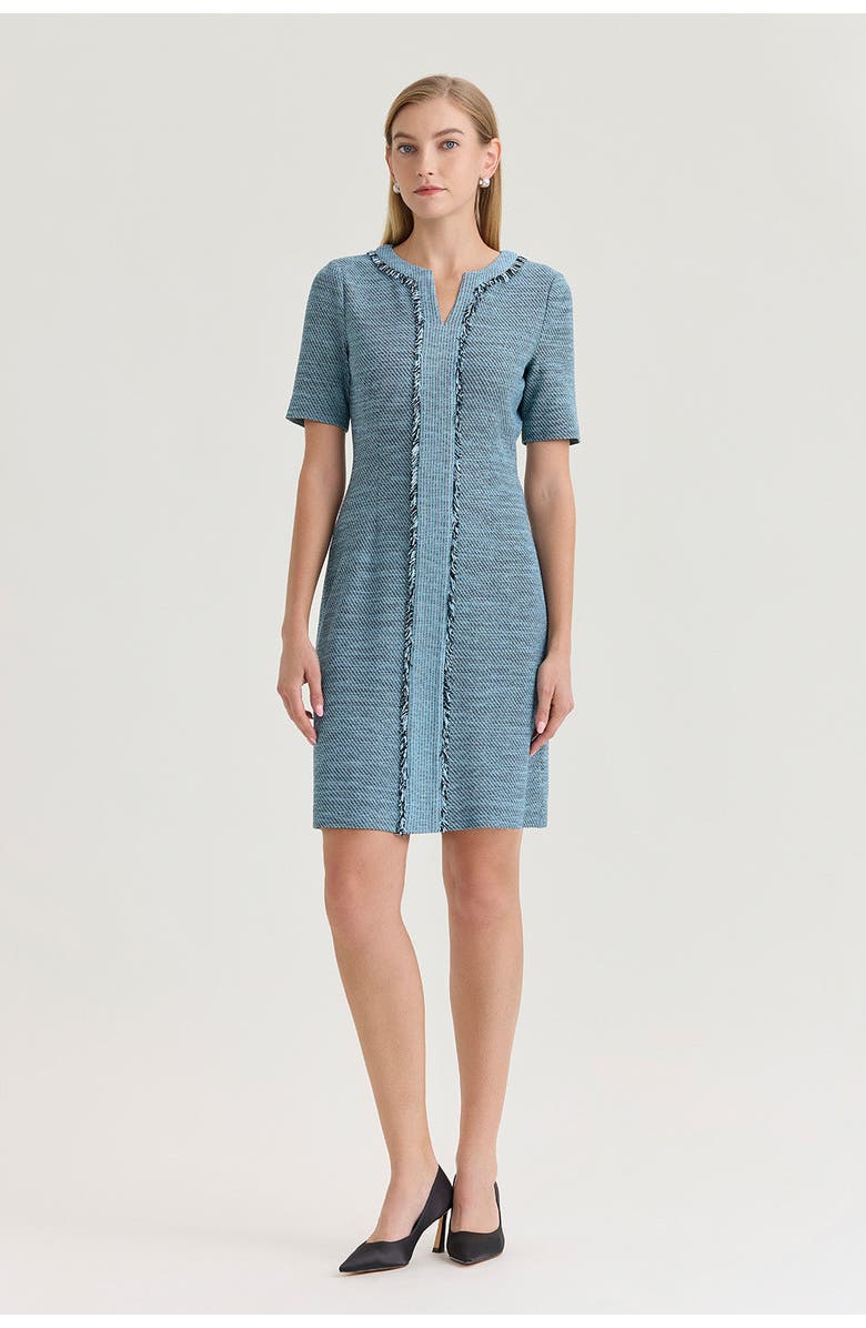Ming Wang Tweed Knit Fringe Accent Sheath Dress, Main, color, Serene/Black